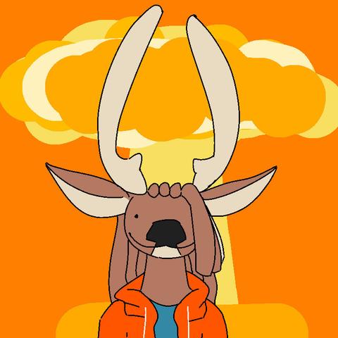 An anthropomorphic deer guy in front of a giant explosion.