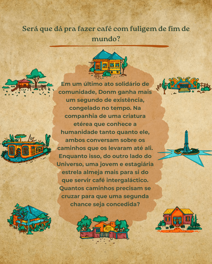 Ao topo de uma placa  com bordas arredondadas e fundo bege claro em letras verde escuro, consta o número 2024. Logo abaixo, com letras grandes à moda barroca, o título do projeto Grãos com seu subtítulo Magias e Histórias. O fundo é composto por um papel em tom café. Nos quatro cantos, arabescos em tons laranja, marrom e amarelo ouro. Logo abaixo as atrações: Dia 4 de Maio às 15 horas, Oficina de escrita de Roteiros. Logo após, às 17 horas, oficina de Acessibilidade. Duas semanas depois, no dia 18 de Maio, ocorrerá o evento de lançamento da série “Grãos”, com textos inspirados pelo realismo mágico e uma Novo Hamburgo como palco das personagens criadas por diversas roteiristas. Todas as atividades são gratuitas e contam com interpretação em Libras! Basta inscrever-se em linktr.ee/estudiofulber com destaque em tom marrom claro e letras brancas. Logo abaixo, os símbolos de interpretação em Libras, acesso a cadeirantes e faixa etária indicativa para crianças acima de doze anos.