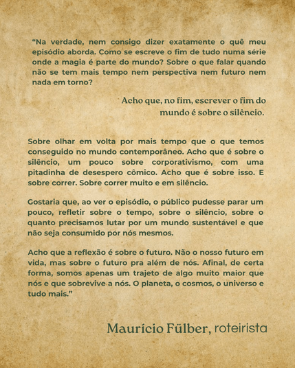 Imagem com fundo temático de folha em tom de café claro. Temos os selos da produção, realizada pelo “Estúdio Fulber” e por “Habisco, suporte criativo”. A realização é creditada à Secretaria de cultura de Novo Hamburgo e à direita há não apenas o slogan da Lei Paulo gustavo, como também o atual logo do Ministério da Cultura, governo Federal com a palavra Brasil com cores amarela, azul, verde e vermelho em formas geométricas dentro das próprias letras, finalizando com as palavras “união e reconstrução”.