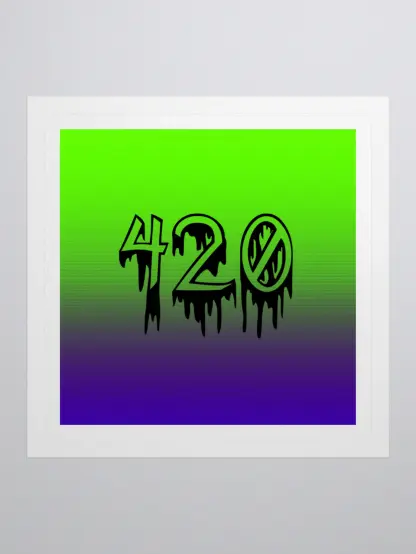 A square shaped sticker featuring my favorite number, 420 in black creepy dripping font. The background is lime green on top and fades to purple on the bottom. There's a white border around the edges of the sticker.