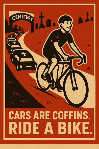 Picture of someone riding a bike with a trail of cars behind them. Each car has a cross on the roof. Caption reads "cars are coffins. Ride a bike"