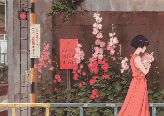A gouache painting showing a girl carrying a bouquet of flowers. In the background, there are hollyhocks in different shades of pink, as well as signs with Japanese writing on them.