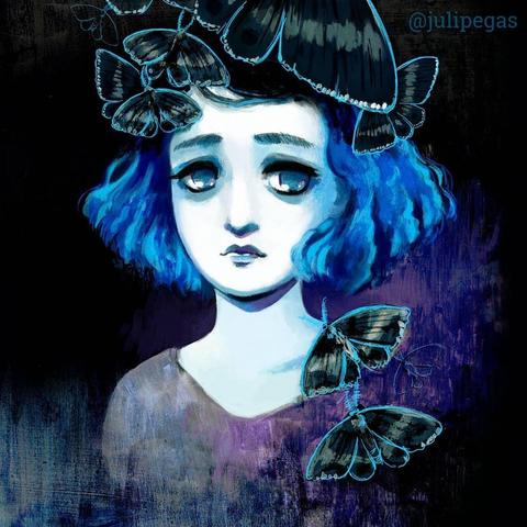 Artwork of a face of a woman with stylized features: big eyes, simple nose and small mouth. Her short, curly hair is bright blue and there are some black moths flying around the woman’s head and neck. The technique is a mix of acrylic and digital painting.