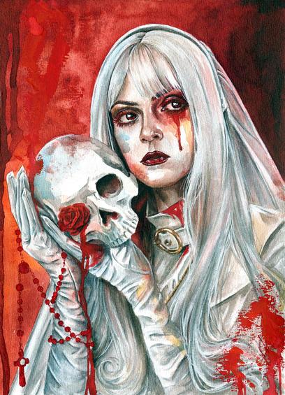 Watercolor art of a creepy (but beautiful) nun holding a skull. The art is made in white and red colors with spots and drips.