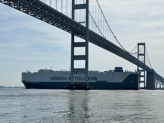 Car carrier headed to Baltimore sailing under the bay bridge