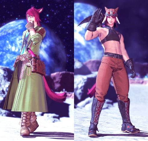 outfits made for crafting and gathering jobs in ffxiv, the crafting fit looks more nerdy and the gathering fit is not osha compliant
