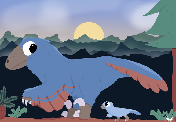 A blue adult Deinonychus on the left with a baby running to catchup to it on the behind