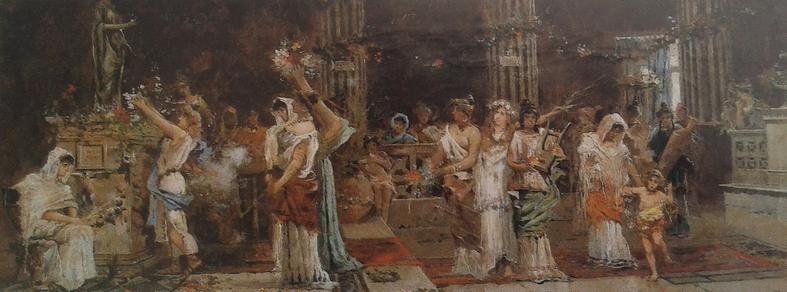 Scene d'interni per la festa di Floralia.
Le donne* festeggiano, suonano e fanno offerte all'allegoria della primavera.
- Bozzetto per Floralia (1888) di Antonio Reyna Manescau
