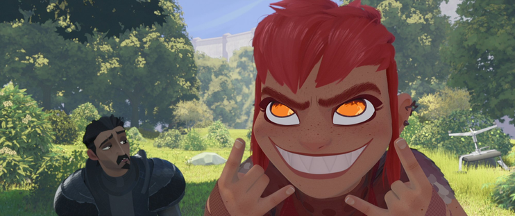Picture of Nimona from Anime Movie in a Garden with Metall Greeting Fingers and glowing eyes and a ultrabright smile : like sinister like smile. 
A Confused Bal (other Protagonist) is confused in the Background