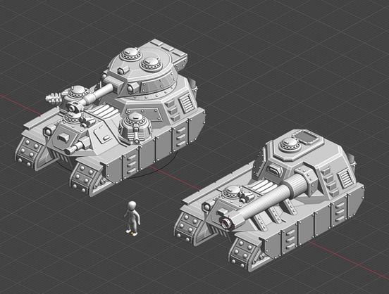 Two 3D models of tanks, one with a turret and two sponsons turrets, one with a large casemate gun