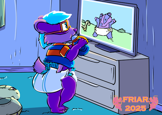 Illustration of Everett the diapered badger drinking from his sippie cup watching a dancing diapered badger cartoon on TV while his snake plushie watches.