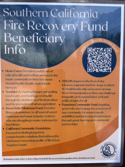 Southern California Fire Recovery Fund beneficiary Info. Blue and orange sheet