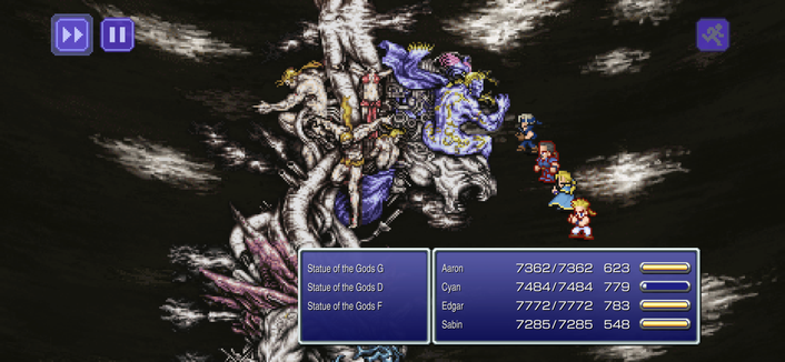 The screen is a turn-based RPG battle scene. On the left side of the screen, a group of five characters stands in front of an enemy known as Krej with its health at 50 and HP bar partially filled. The environment is dark, suggesting a cave or underground setting. The partys status icons are visible at the bottom of the screen, showing each characters name, health, MP magic points, and attack power. The perspective is from above and to the left, providing a clear view of both sides of the battlefield.