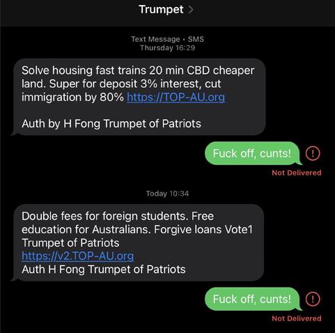 Yet more Trumpet of Patriots SMS spam, because politicians gave themselves blanket exemptions to the anti-spamming laws.