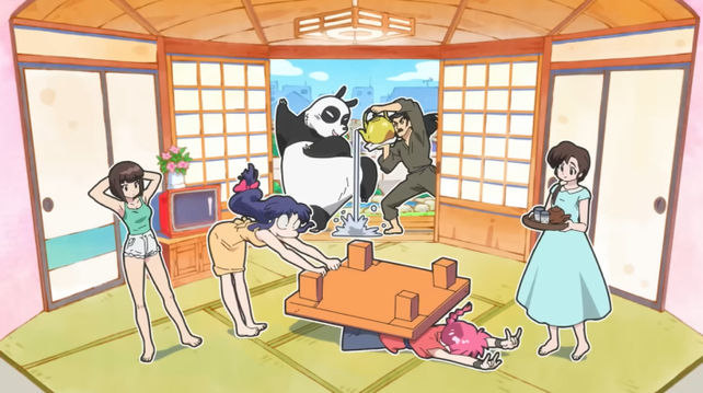 Screencap of the Tendos and the Saotomes as paper cutouts