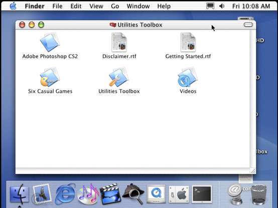 Screenshot of a Mac OS X desktop from infinitemac.org, with a MacAddict magazine cover CD from 2007 mounted.