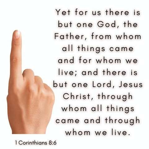 Yet for us there is but one God, the Father, from whom all things came and for whom we live; and there is but one Lord, Jesus Christ, through whom all things came and through whom we live. 1Corinthians 8:6 

White background; a hand with the index finger pointing upward on the left side, the text is on the right side.