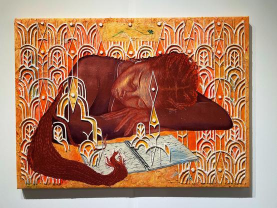 iPhone 12 Pro photo by Jenny Lam of Yashua Klos, "Studying How To Burn It Down" (2025), woodblock prints on muslin, Japanese rice paper, acrylic, oil paint, and wood on canvas, Zidoun-Bossuyt Gallery at Expo Chicago 2025 in Navy Pier's Festival Hall