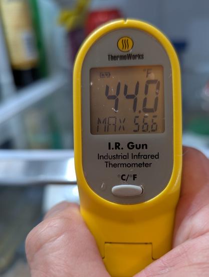 A Thermoworks infrared thermometer shows a reading of 44 degrees at the back of a Samsung fridge.