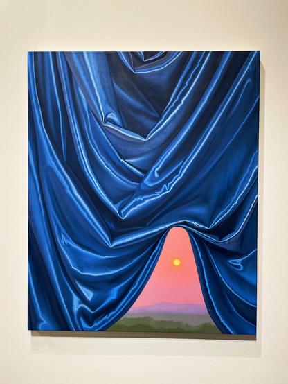 iPhone 12 Pro photo by Jenny Lam of Shawn Huckins, "Sunset Over the Valley with Dark Blue Satin Fabric" (2025), oil and acrylic on canvas, Richard Heller Gallery at Expo Chicago 2025 in Navy Pier's Festival Hall