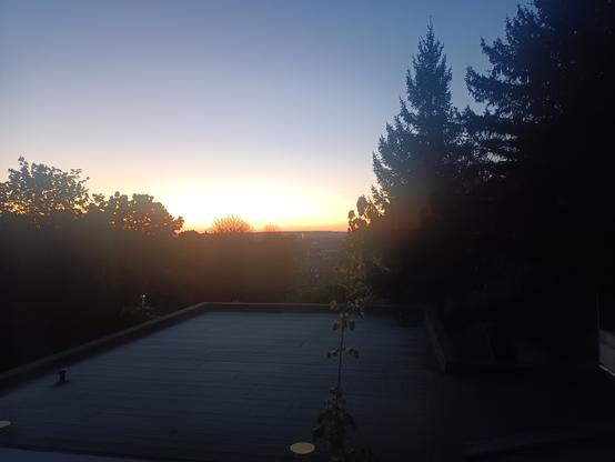 Vordergrund mit Flachdach. Links + rechts Bäume und Sträucher. Im Hintergrund Häuser bzw. deren Dächer und am Horizont sind der beginnende Sonnenaufgang und der Himmel zu sehen.