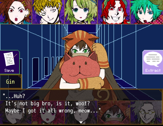 A screenshot of Gin from Your Turn to Die. He has an orange hood with cat ears. The text says "huh? It's not big bro is it, woof? Maybe I got it all wrong, meow...."