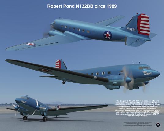 The subject of this digital composition is the Douglas DC-3 transport aircraft as it appeared in 1989 while flown by Robert Pond, identified as N132BB.  Artwork and texts Copyright (c) 2017-2025 Robert W. Heyen d/b/a dcthreepainter.  All rights reserved.  Depicted trademarks are the property of their respective owners.