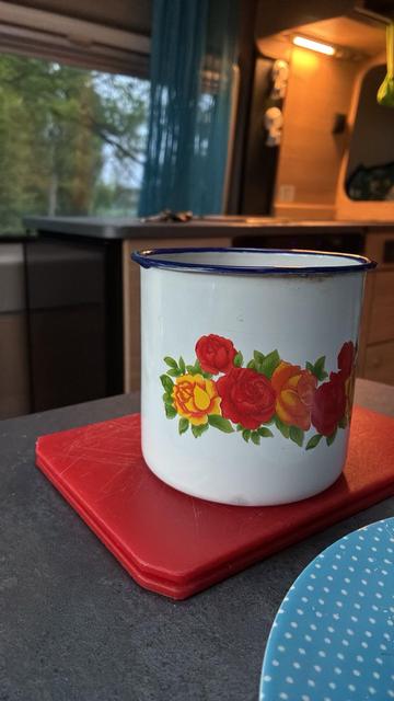 Tee Tasse mit Blumen im Wohnmobil. Aus dem Fenster sieht (unscharf) man ein paar Bäume. Es ist früh  morgen.