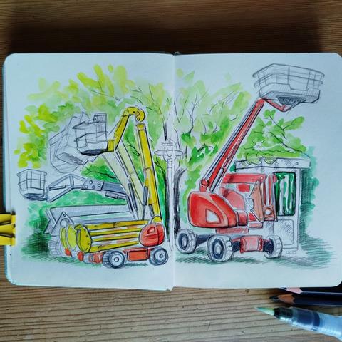 Doppelseite im Skizzenbuch mit Aquarellskizze mehrerer Teleskop - Arbeitsbühnen rot und gelb lackiert vor grünen Bäumen.