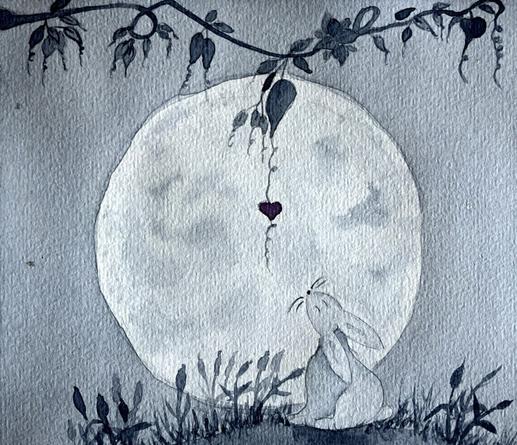 Étude à l’aquarelle en monochrome dans les tons de gris de Payne, pour l’illustration d’un texte de littérature jeunesse. Lapin est assis dans les herbes devant la pleine lune. De la branche qui le surplombe, descend une feuille en forme de cœur. -Lapin cherche les étoiles, tous droits réservés, Plume de souris 2025