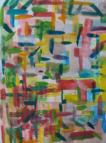 Abstract coloured oblongs , rectangles, red, green, blue, yellow, painted on slightly coloured gray background.
