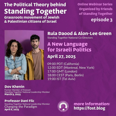Affiche sur fond violet annonçant l'épisode 3 (voir https://standing-together.frama.io/france/infos-2025/04/27/new-language-for-israeli-politics-the-leaders-of-standing-together-about-their-practical-and-rhetorical-choices.html)