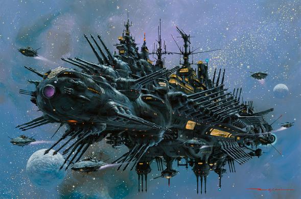 an outer space scene with a massive ship taking center stage, the ship is covered with gun batteries on all sides, top, bottom, front and back, at least fifty individual long cannon barrels are visible.  There is a superstructure covered with somewhat absurdly long and complicated antenna and some open bays with smaller ships coming out of them