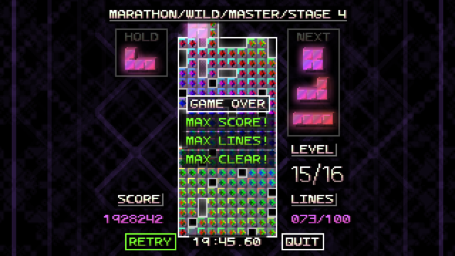 A game over in Tetrachroma's Marathon/Wild/Master mode.
Completion: Stage 4, 73 lines.
Score: 1,928,242.
Time: 19'45"60.