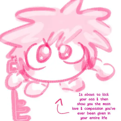 A pink chibi doodle of Sora from Kingdom Hearts glaring up at the viewer. His eyes are big and shiny with small star light reflections despite his anger, and his cheeks are blushed. The angle makes it so besides his head the only visible parts of his body are his arms, ball hands (one of them holding his keyblade), and his big shoes. There is an arrow pointing to him labeled "Is about to kick your ads & then show the most love and compassion you've ever been given in your life"