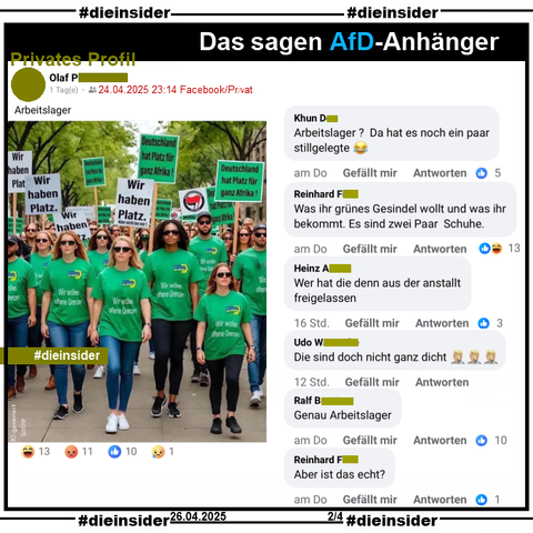 Auf einem privaten Profil mit der Bemerkung "Arbeitslager" des Verfassers wird ein KI-generiertes Satire Bild geteilt, auf dem man Demoteilnehmer sieht, die alle grüne T-Shirts mit dem Grünen-Logo und "Wir wollen offene Grenzen" und Sonnenbrillen anhaben. Außerdem sieht man noch Demo-Schilder mit "Wir haben Platz.", "Deutschland hat Platz für ganz Afrika." und "Wir haben Platz. Aber nicht bei mir.".
Anmerkung #DieInsider: Wenn man genau hinschaut und es auch ein bisschen größer macht, sieht man die verunstalteten KI-Gesichter.

Hier zeigen wir u.a. die Kommentare 
"Arbeitslager ? Da hat es noch ein paar stillgelegte.", "Was ihr grünes Gesindel wollt und was ihr bekommt. Es sind zwei Paar Schuhe.", "Wer hat die denn aus der anstallt freigelassen.", "Die sind doch nicht ganz dicht.", "Genau Arbeitslager." und "Aber ist das echt?"