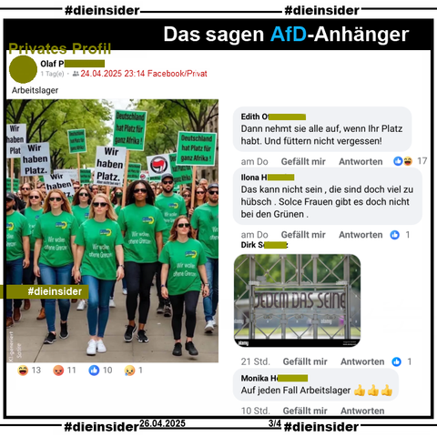 Auf einem privaten Profil mit der Bemerkung "Arbeitslager" des Verfassers wird ein KI-generiertes Satire Bild geteilt, auf dem man Demoteilnehmer sieht, die alle grüne T-Shirts mit dem Grünen-Logo und "Wir wollen offene Grenzen" und Sonnenbrillen anhaben. Außerdem sieht man noch Demo-Schilder mit "Wir haben Platz.", "Deutschland hat Platz für ganz Afrika." und "Wir haben Platz. Aber nicht bei mir.".
Anmerkung #DieInsider: Wenn man genau hinschaut und es auch ein bisschen größer macht, sieht man die verunstalteten KI-Gesichter.

Hier zeigen wir u.a. die Kommentare 
"Dann nehmt sie alle auf, wenn Ihr Platz habt. Und füttern nicht vergessen!", "Das kann nicht sein , die sind doch viel zu hübsch . Solce Frauen gibt es doch nicht bei den Grünen.", ein Bild mit einem Tor des KZ Buchenwald und "Jedem das seine." und "Auf jeden Fall Arbeitslager."