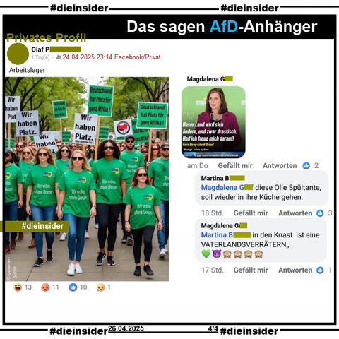 Auf einem privaten Profil mit der Bemerkung "Arbeitslager" des Verfassers wird ein KI-generiertes Satire Bild geteilt, auf dem man Demoteilnehmer sieht, die alle grüne T-Shirts mit dem Grünen-Logo und "Wir wollen offene Grenzen" und Sonnenbrillen anhaben. Außerdem sieht man noch Demo-Schilder mit "Wir haben Platz.", "Deutschland hat Platz für ganz Afrika." und "Wir haben Platz. Aber nicht bei mir.".
Anmerkung #DieInsider: Wenn man genau hinschaut und es auch ein bisschen größer macht, sieht man die verunstalteten KI-Gesichter.

Hier zeigen wir u.a. noch  
ein Bild mit Katrin Göring-Eckardt, dass kommentiert wird und "Unser Land wird sich ändern, und zwar drastisch. Und ich freue mich darauf." mit den Antworten "diese Olle Spültante, soll wieder in ihre Küche gehen." und "in den Knast ist eine VATERLANDSVERRÄTERN."