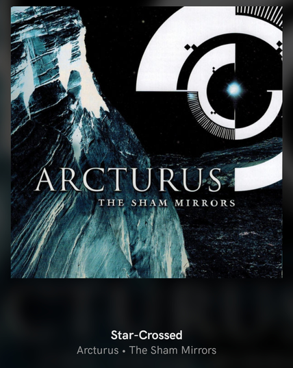 Cropped screenshot fron Qobuz showing the album cover of Arcturus - The Sham Mirrors (with references to the Apollo space rockets), now playing Star-Crossed