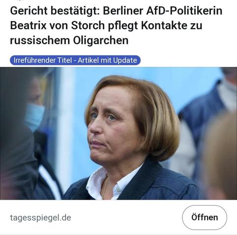 Gericht bestätigt: Berliner AfD-Politikerin Beatrix von Storch pflegt Kontakte zu russischem Oligarchen 

tagesspiegel.de