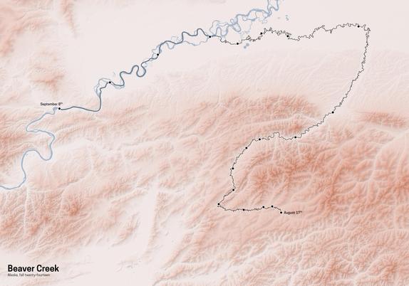 white/clay coloured map of Beaver Creek, Alaska. Start, finish and overnight camps of a canoe tour are indicated by points