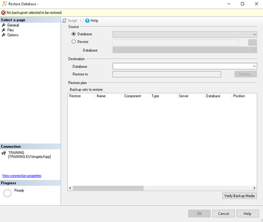 Restore Database menu from SQL Server Management Studio with no file selected.