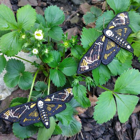 Photo en plan rapproché d'un pied de fraisier en fleurs, sur lequel se trouvent 2 barrettes à cheveux en forme de papillon sphinx tête de mort.
