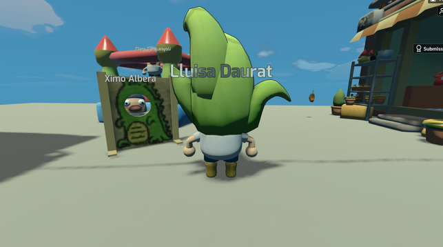captura de pantalla del joc dels brunyolets, el meu personatge (Lluisa Daurat) està veient al Ximo Albera darrere un decorat de fusta que el fa semblar un dract de st jordi, darrere, la clara carquinyoli dona bots al castell inflable