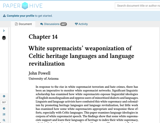 View of proofreading platform PaperHive showing
Chapter 14
White supremacists’ weaponization of
Celtic heritage languages and language
revitalization
John Powell
University of Arizona