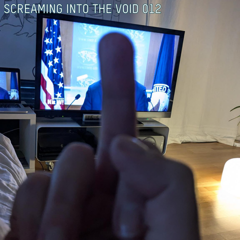 A hand shows the middle finger to Donald Trump on the TV screen