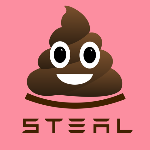 A brown poop emoji builds an upside down Tesla logo, underneath the Tesla font spells STEAL