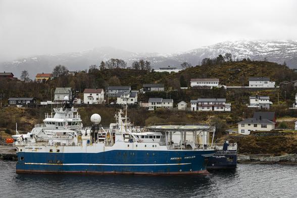 We're on a ship passing close to land so our viewpoint is from quite high up. It's a very overcast day with a thick, low blanket of white cloud covering up the tops of some distant, snowy-peaked hills and mountains. Nearer to us, across a short stretch of flat, grey, cold water and filling the width of the image there is a high strip of land, damp grass and thin trees covering a rocky surface with a few dozen houses of varying designs either singly or in small groups arranged roughly in four layers up the height of it. Docked alongside the land between us and it are two ships but one is almost entirely blocking the view of the other. It has a blue hull with white deck area, a raised helipad towards the front and a bridge area set just back from it and below the helipad with views forward under it. A spherical radar dish is mounted around midship. The ship behind has a higher bridge and because it's facing in the opposite direction, to the left, it almost looks like the bridge behind is part of the ship in front.