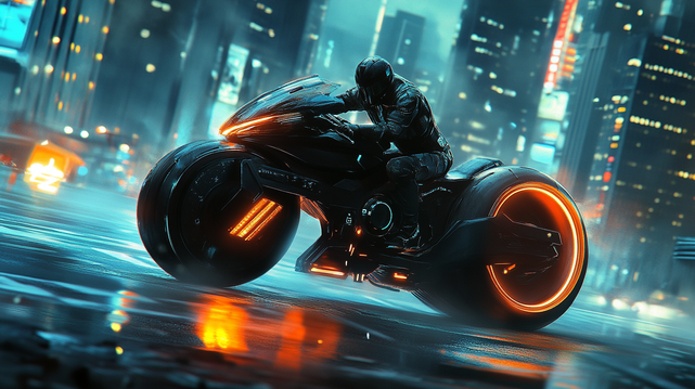 Circuit de Vitesse.
Moto futuriste filant à toute allure dans une mégalopole pluvieuse, illuminée par les reflets vifs des lumières urbaines.
Futuristic motorcycle speeding through a rainy megacity, lit by vivid reflections of city lights.