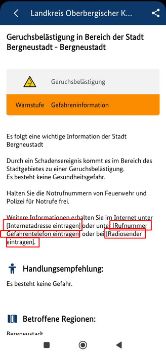 Nina-Warnung über Ereignis in Bergneustadt. Felder für weitere Informationen über Internet, Radio und Telefon sind nicht ausgefüllt und es steht ein Platzhalter.